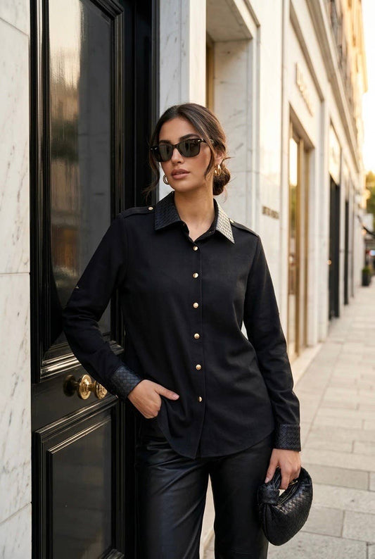 Chemise femme denim col contrasté: Noir