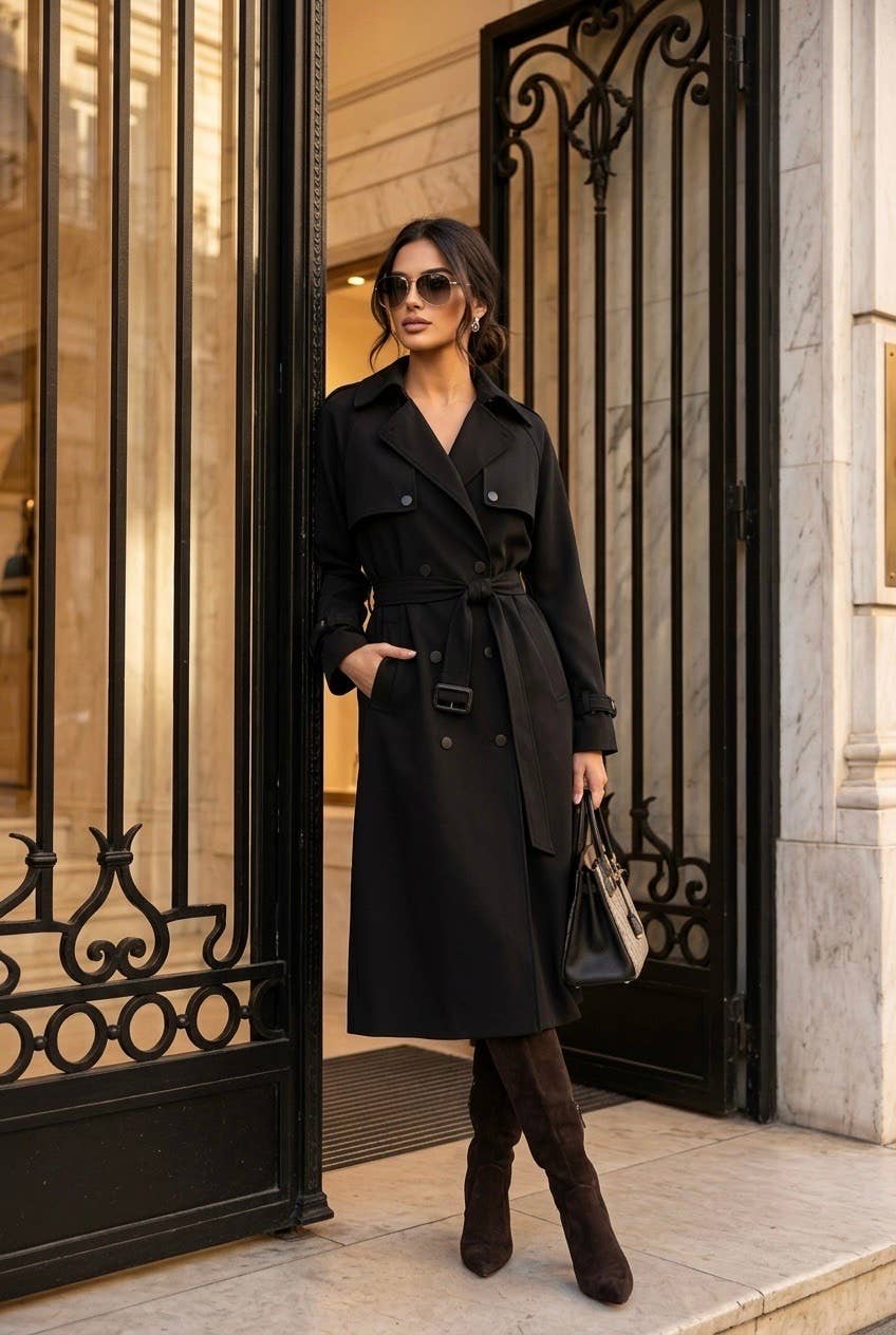 Trench femme long avec ceinture: Noir