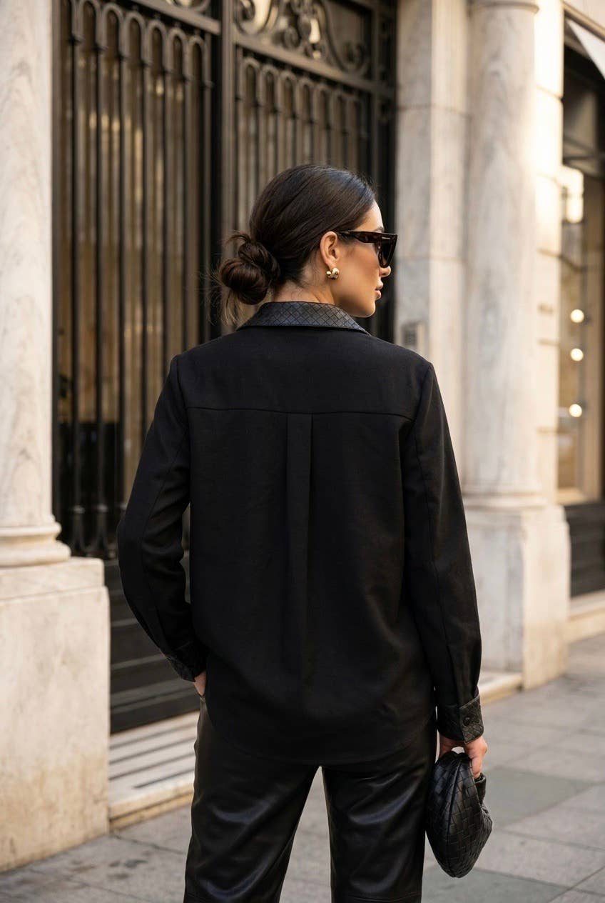 Chemise femme denim col contrasté: Noir