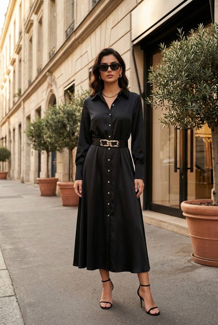 Robe chemise femme avec ceinture: Noir