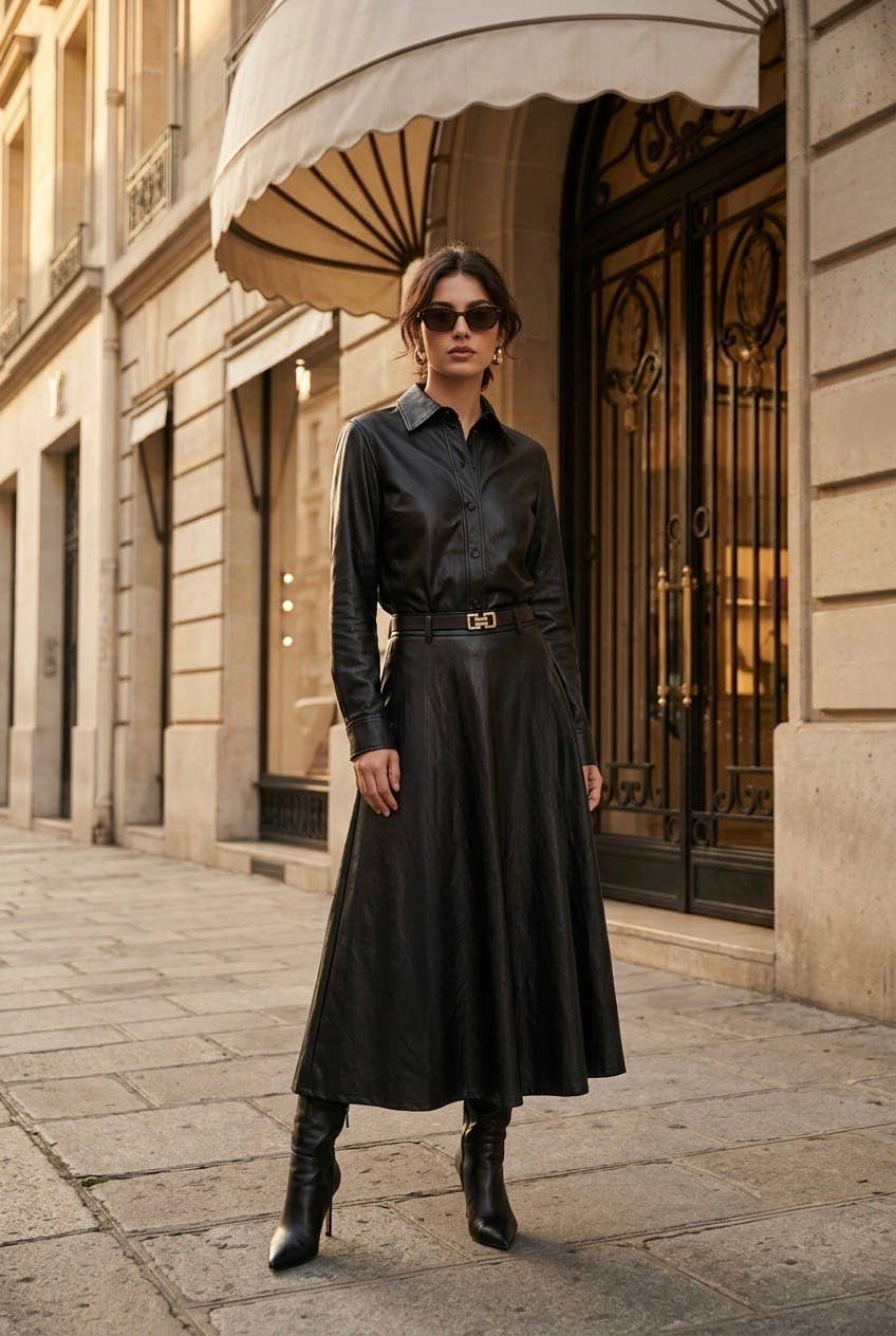 Jupe femme simili cuir ceinturée: Noir