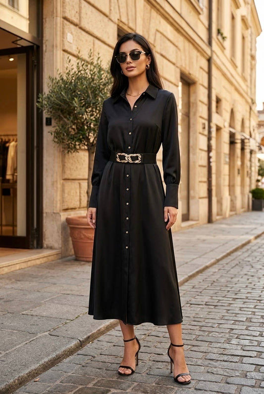 Robe chemise femme avec ceinture: Noir