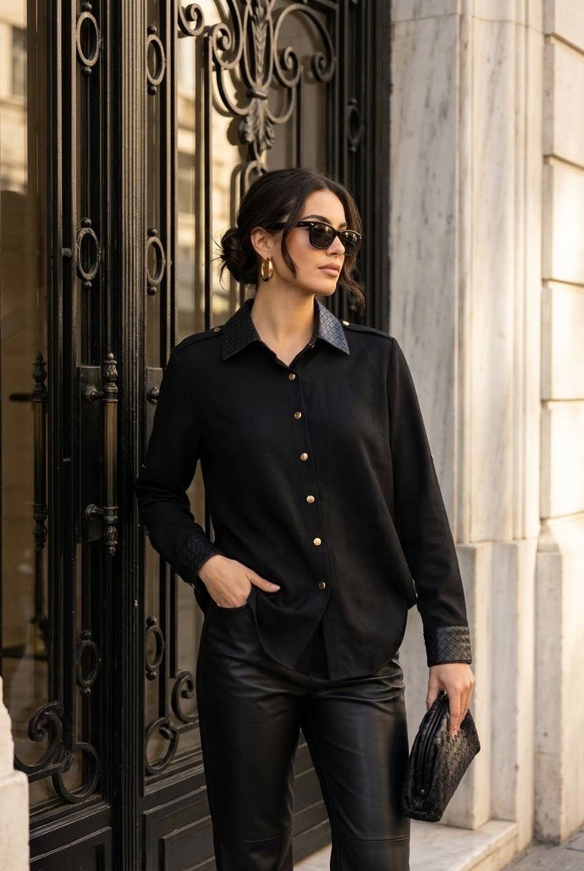 Chemise femme denim col contrasté: Noir