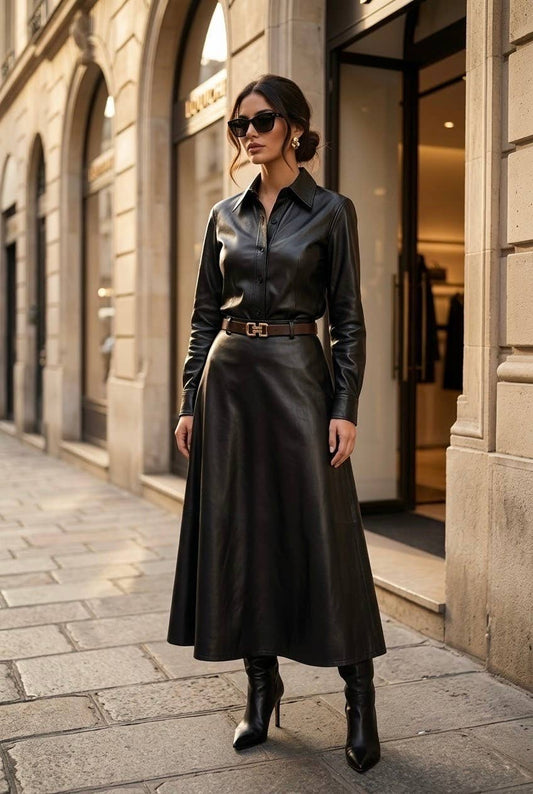 Jupe femme simili cuir ceinturée: Noir