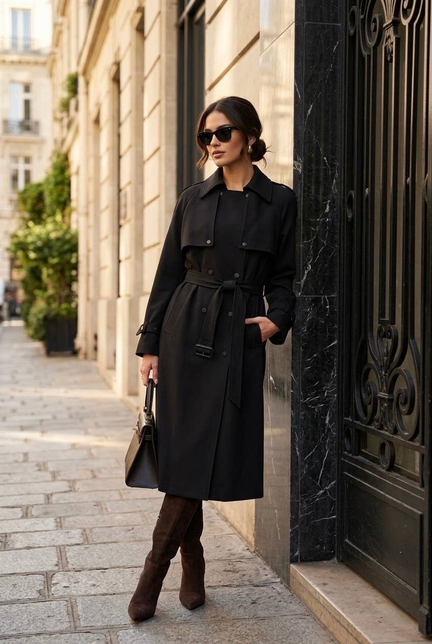 Trench femme long avec ceinture: Noir